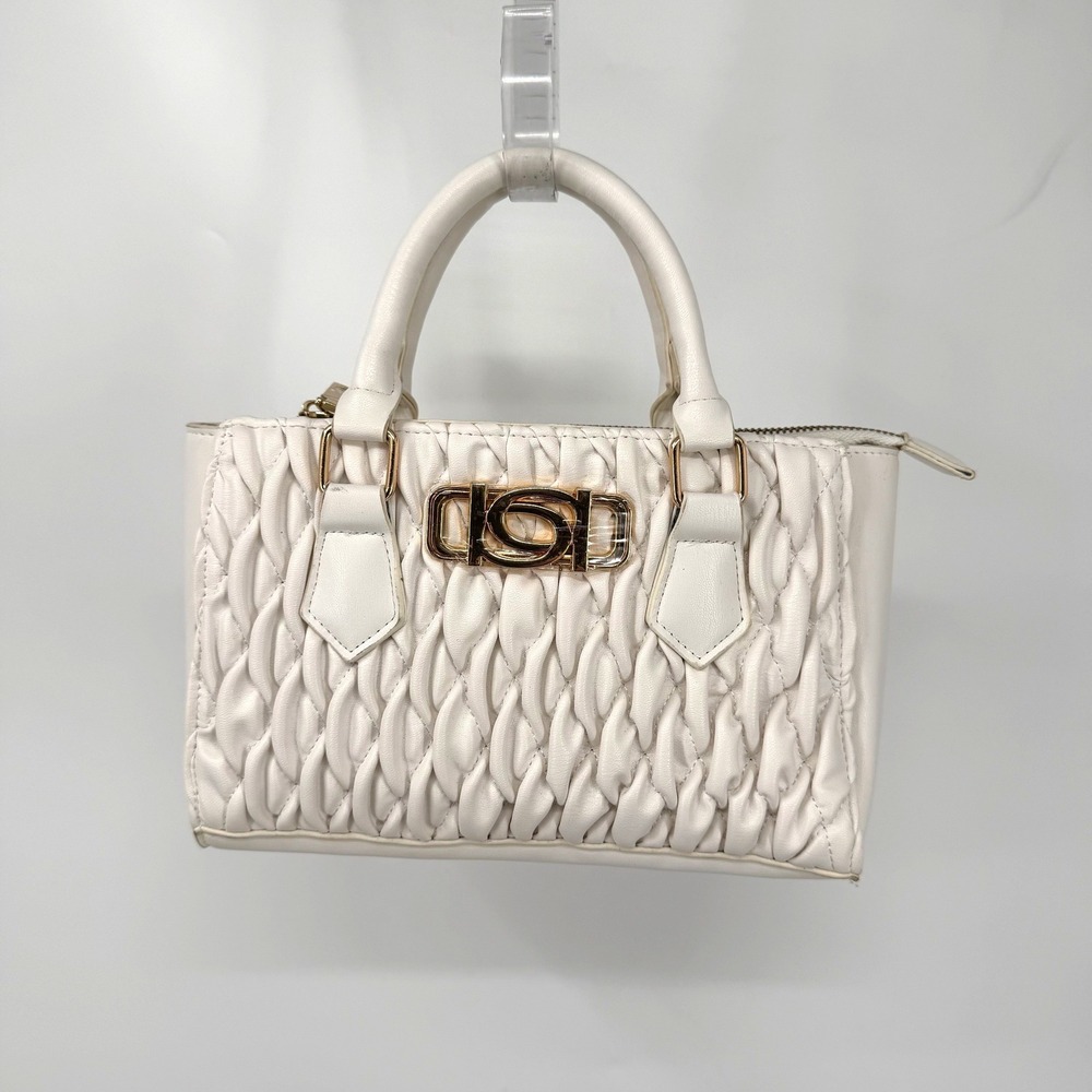 Y2K Bebe Women Satchel Bag Handbag White Ruched Quilted Gold Logo